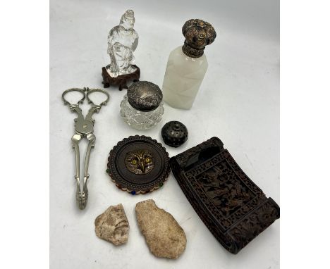 A miscellany to include 19thC white glass scent bottle, owl pin cushion, sugar nips, silver topped glass jar, Chinese crystal