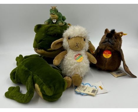 Five Steiff Soft Toys to include a large Green Toad 20cm h, Green Frog, 'Happy Frog Prince' , 'Cosy Friends' Sheep and 'Flaps