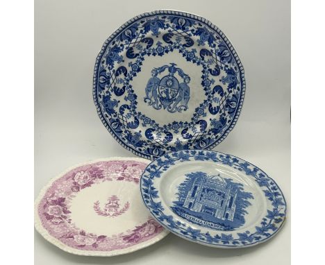 Two early 19th century blue and white transfer-printed plates, c. 1825. One is Spode Lattice Scroll border with a central arm