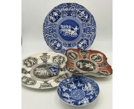 A group of early 19th century blue and white transfer-printed and other colour Spode Greek wares and a similar Love Chase pat