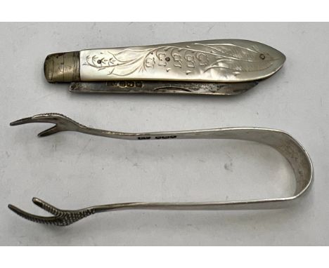 Hallmarked silver and mother of pearl handled fruit knife 8cm l together with small silver sugar tongs.