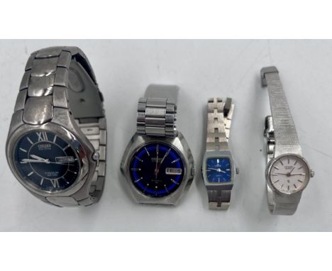 Watches to include a Seiko automatic 19 jewels with date aperture, blue dial (working order), a Citizen Eco-Drive Titanium WR