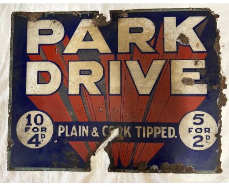 Park Drive 'Plain &amp; Cork Tipped' double sided enamel Advertising sign , 40cm x 30.5cm.