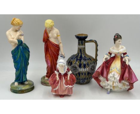 A selection of ceramics to include 2 x Royal Worcester figurines modelled by James Hadley 'Sorrow' and 'Joy' signed to base 2