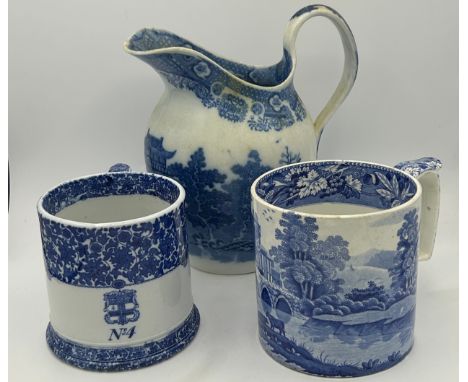 An early 19th century Spode blue and white transfer-printed Rock pattern ewer, a Lucano tankard and a Copeland Christ's Hospi
