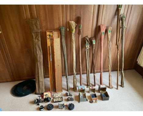 Various fishing equipment to include 9 x Apollo Tubular Steel Rods together with 2 x Ambidex fixed-spool reels and others, fl