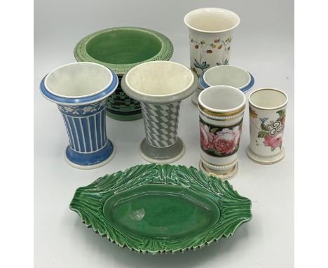 A group of mostly Spode early 19th century vases and other items, c. 1820. To include a green glaze leaf-moulded dish, a cach