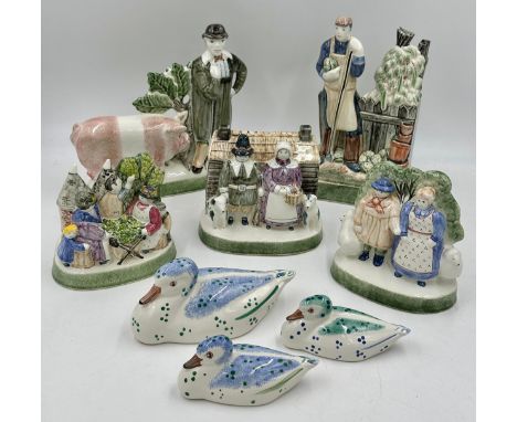 Eight 20thC Rye Pottery figures to include Rye Shepherd Neame &amp; His Wife, gardener, 3 x ducks, Rye The Hop Pickers,  farm