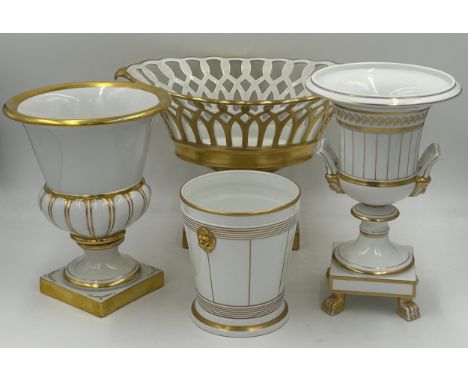 Four Vista Alegre Ceramics gilt and white to include a large Pierced Gilt Centrepiece Bowl 25.5cm h, an Urn 25cm h, a twin ha