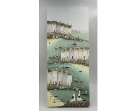 Rebecca Lardner (b.1971) 'Early Birds', a signed limited edition box canvas print, a stylised depiction of a Cornish harbour,