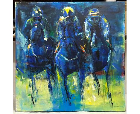 Neil B. Helyard, (b.1951) Beverley artist. Horse Racing in blue, mixed media on canvas. 91 x 91 cm.