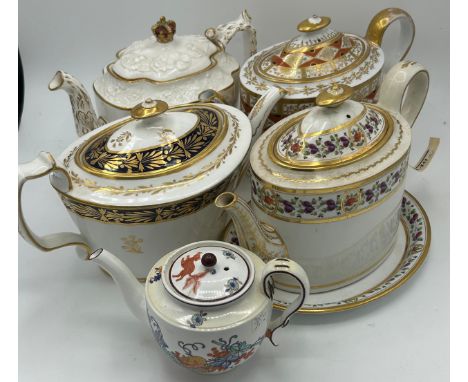A group of mostly early 19th century Spode teapots, c. 1820. Together with a Copeland Queen Victoria Diamond Jubilee teapot. 