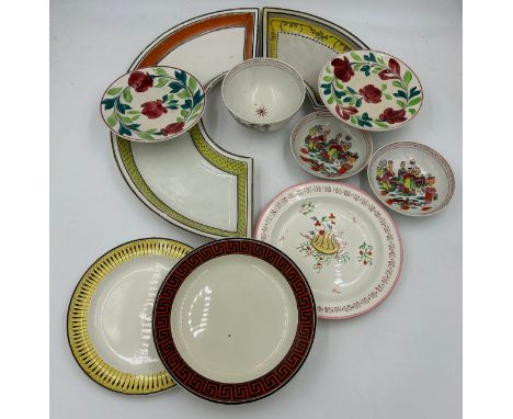 A group of mostly Spode early 19th century hand-painted pearlware pieces, c. 1820. To include three supper set dishes, five p