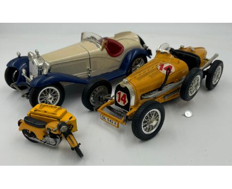 A Zebra Toys AA patrol motor bike along with two Burago racing cars scale 1/18 comprising of an Alfa Romeo 2300 Spider (1932)