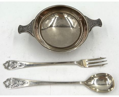 Edinburgh silver quaich, 1965, maker Deakin &amp; Francis together with a pickle fork and spoon, Edinburgh 1970, maker Franci