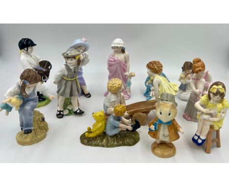Ten various Royal Worcester figures to include Katies Day, Royal Doulton Winnie The Pooh etc.