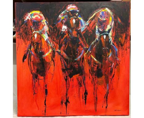 Neil B. Helyard, (b.1951) Beverley artist. Horse Racing in red, mixed media on canvas. 90 x 90 cm.