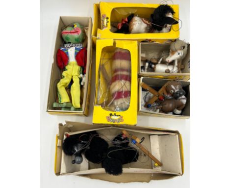 Six vintage Animal Pelham Puppets to include A6 Caterpillar, A2 Horse, A4 Poodle, SL9 Frog, A5 Foal and Bengo. (6).
