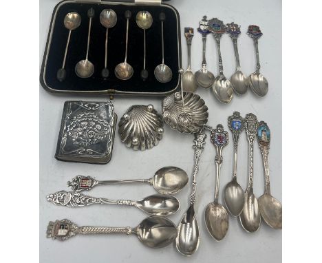 Silver and plated items to include boxed silver coffee bean spoons, two shell shaped salts with one spoon, silver and enamel 