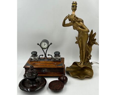 An oak desk stand with two glass inkwells,  pen trough,  drawer to front and Salvest clock to centre 27.5 x 15cm x 24cm h, an