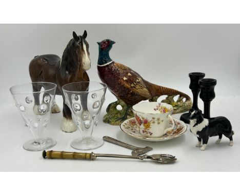 Various vintage items comprising Beswick: pheasant 19cm h, shire horse, sheep dog 7cm h,  a pair of ebony candlesticks, 2 x T