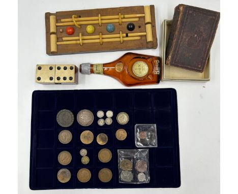 Items to include: a 1797 Cartwheel penny, a Victorian silver crown 1900, 4 x silver sixpences, a miniature domino set in domi