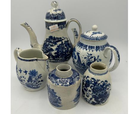A group of early 19th century blue and white transfer-printed pearlware pieces, c. 1800-10. To include: a Conversation coffee