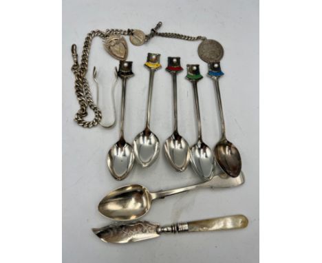 Silver to include sterling silver and enamel NHK spoons x 5, sugar tongs, butter knife, watch chain with fob and coins. Vario