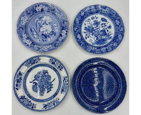 A group of early 19th century blue and white transfer-printed Spode plates, c. 1825. To include: Group, Leaf, Botanical and I