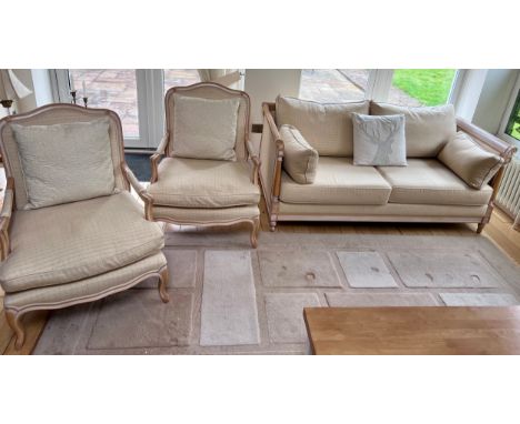 A good quality French style three piece suite comprising sofa and two armchairs. Sofa 175cm w x 86cm d x 29.5cm h. Chair 74cm