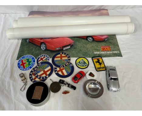 Collection of Car related items to include 5 posters (Ferrari &amp; Aston Martin &amp; 2 x 1986 Calendars), Aston Martin DB5 