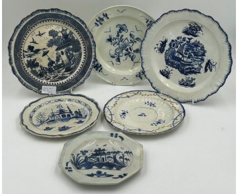 A group of early 19th century blue and white transfer-printed and hand-painted pearlware pieces, c. 1800. Included: Fisherman