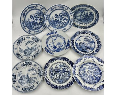 A group of early 19th century blue and white transfer-printed plates, some Spode, as Chinese replacements, c. 1800-20. Larges