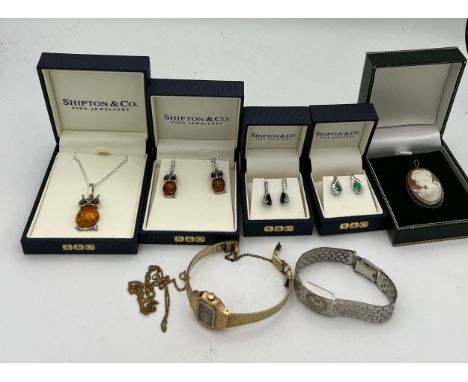 Jewellery to include Shipton and Co. Fine jewellery owl pendant and earrings, cameo, Seiko and Bulova ladies watches etc.