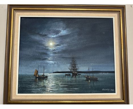 Nigel Hallard (1936-2020) - oil on canvas of a moonlight seascape with boats, signed and dated 1960 lower right. Image 40 x 5