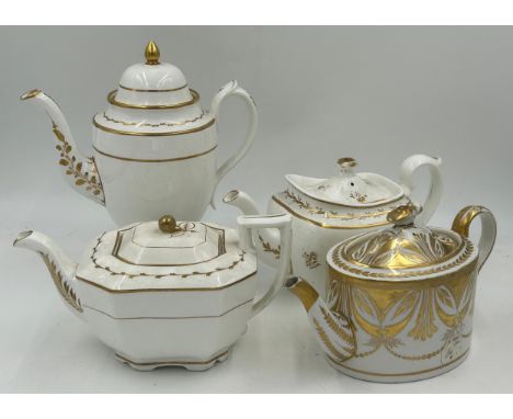 A group of three early Spode white porcelain teapots and covers, and similar coffee pot, all painted with gilding, c. 1820. C