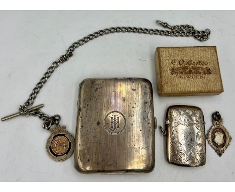 Vintage silver to include cigarette case, vesta case, silver plated watch chain with silver snooker medal and another loose s