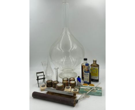 Chemist interest. A large glass chemist window display apothecary carboy/jar with stopper 79cm h, together with wooden pill b