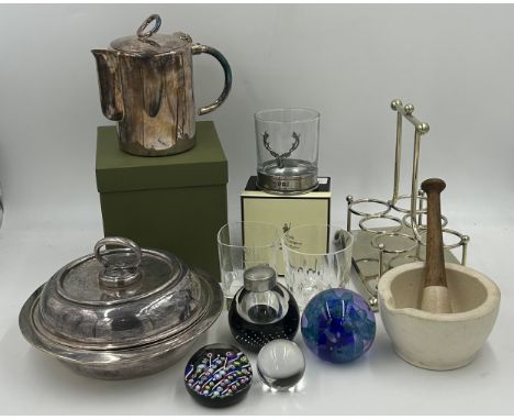 Miscellaneous items to include a Christofle silver plated jug 16cm with box, Walker &amp; Hall silver plated dish with strain