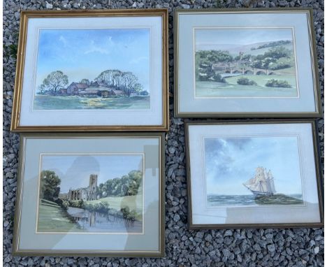 Four Prints of Yorkshire to include 2 x Jane Pearson Burnsall Wharfedale signed frame 53cm x 43cm and Fountains Abbey signed 