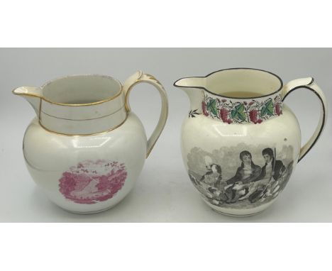 An early 19th century creamware jug, possibly Spode, c. 1820. It is decorated with two men and their dogs and a landscape to 