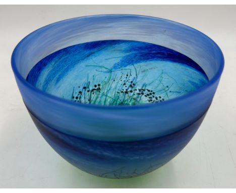 A Malcolm Sutcliffe studio glass vase of seascape and dune meadow. Approx. 13cm h x 16.5cm diameter.