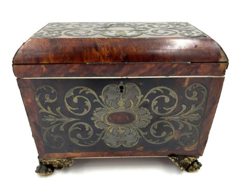 A tortoiseshell boulle tea caddy with ivory edges a/f. 15.5cm h x 20.5cm w x 12cm d.&nbsp;Ivory submission reference 92LDGMMM