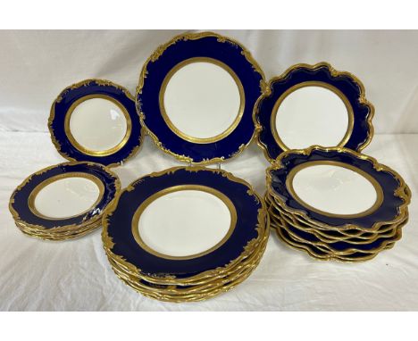 A quantity of Coalport gilt and cobalt porcelain plates etc, some marked 'Cellini' others with blue and green stamps, 7 x fru