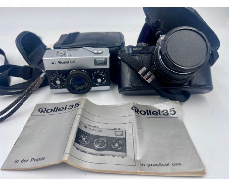 Cameras to include A Rollei 35, made in Singapore, Serial number: 3380779 with instruction manual together with a Pentax MV w