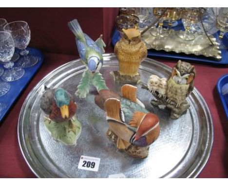 Goebel- Five Matt Pottery Birds, to include Mandarin Duck, Blue Titmouse, Mallard, Owls. 
