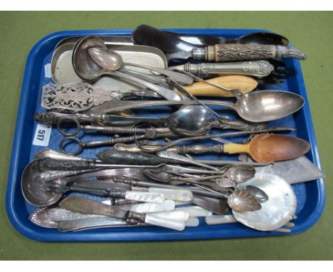 Horn Handled Crumb Scoop, mother of pearl handled butter knives, grape scissors, silver handled manicure items etc:- One Tray