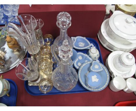 A Three Section Electroplated Table Epergne Stand, fitted with lead crystal flutes, two lead crystal decanters, Wedgwood powd