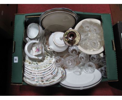 Noritake Dinner Ware, Derby pin tray, glassware, Devon chamberstick, etc:- One Box