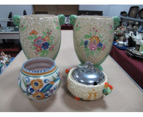 A Mid XX Century Clarice Cliff 'Celtic Harvest' Preserve Pot, a Poole bowl of traditional design and a pair of Crown Devon va